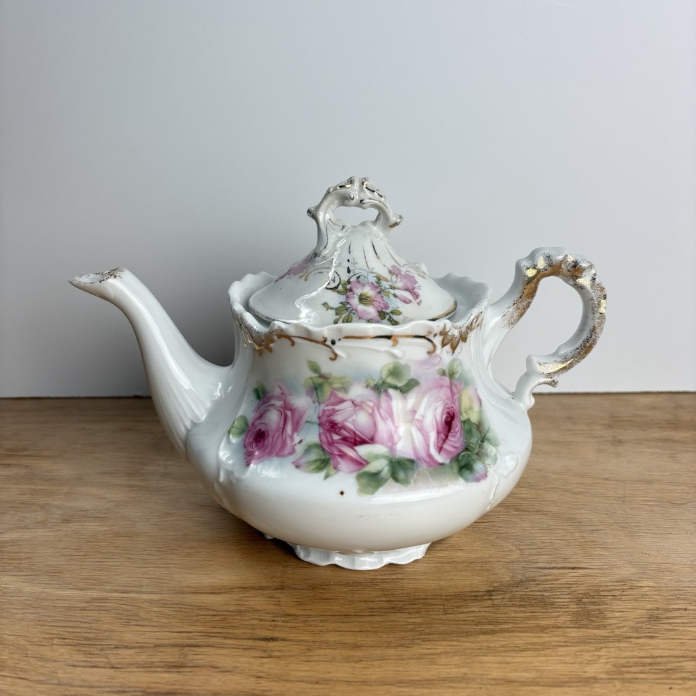 Antique Z.S. & Co. Zeh Scherzer Bavaria Teapot | Pink Roses & Gold Tr, 1880-1918